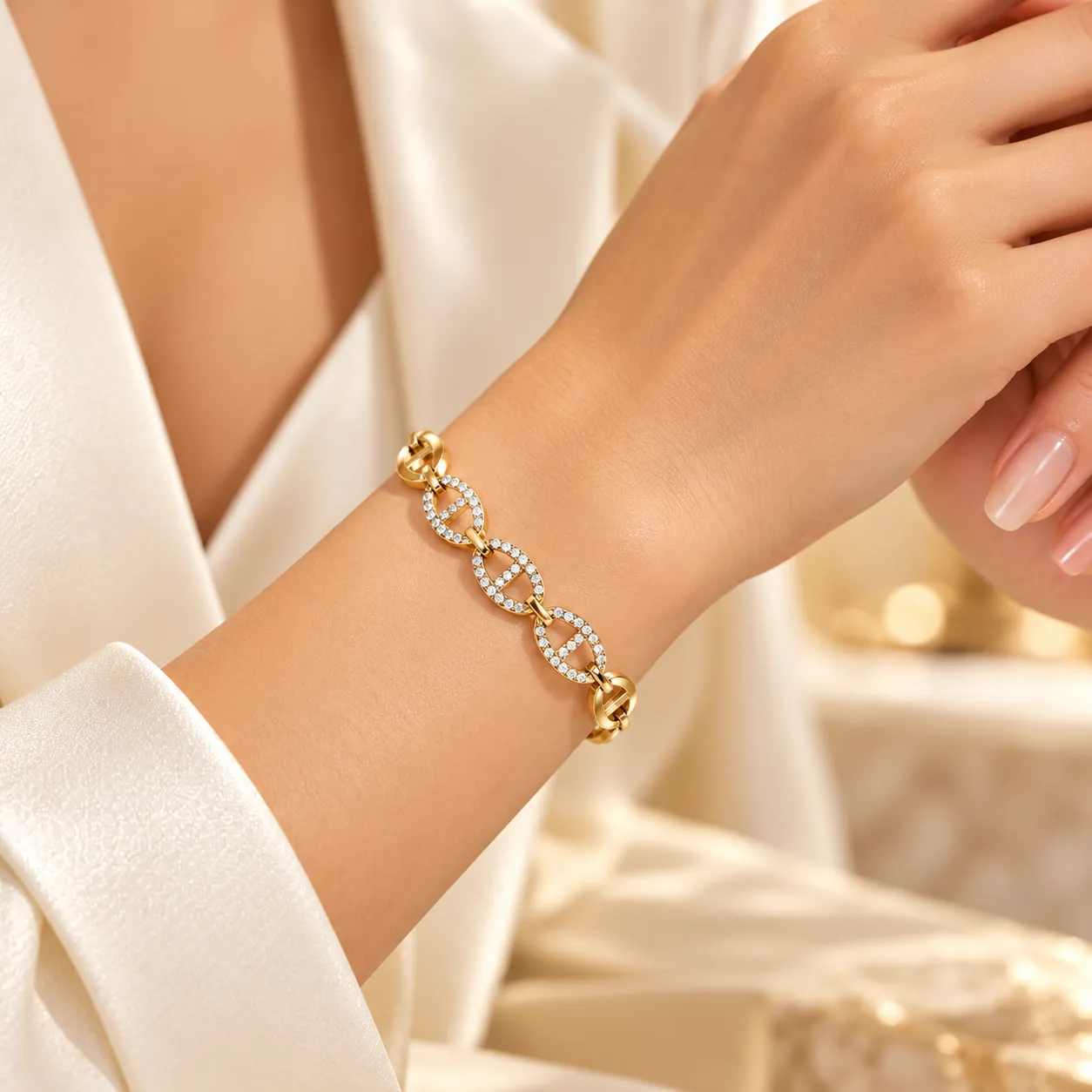 Gouden armband met ovale schakels en steentjes