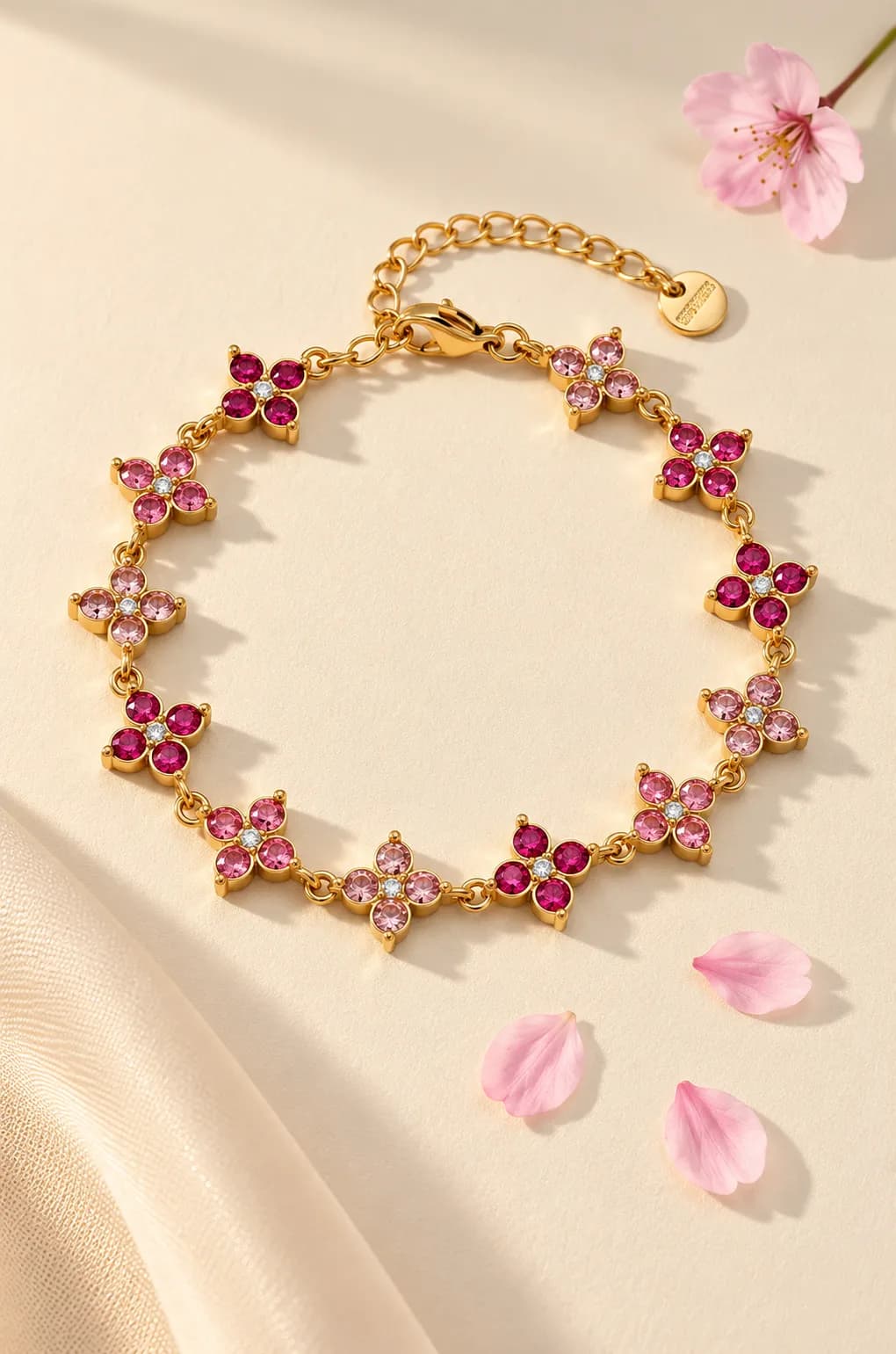 Gouden bloemenarmband met roze steentjes