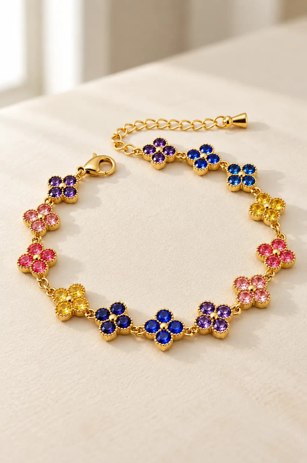 Armband goud met gekleurde klavers en steentjes