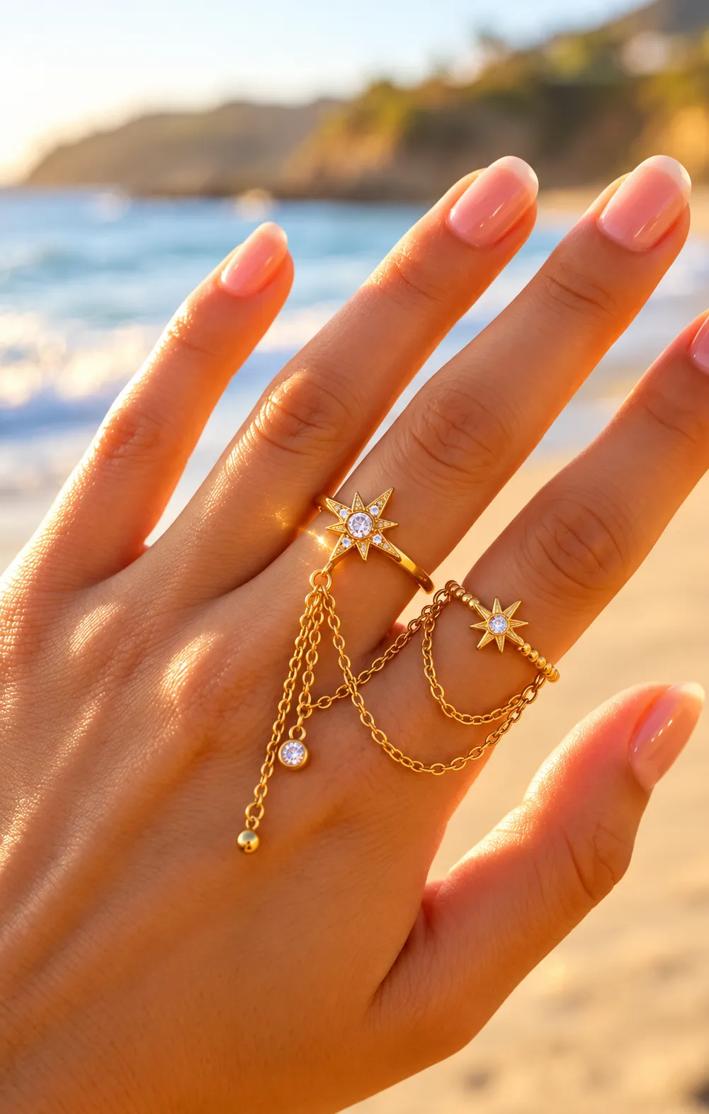 Gouden dubbele ring met sterren en kettinkjes