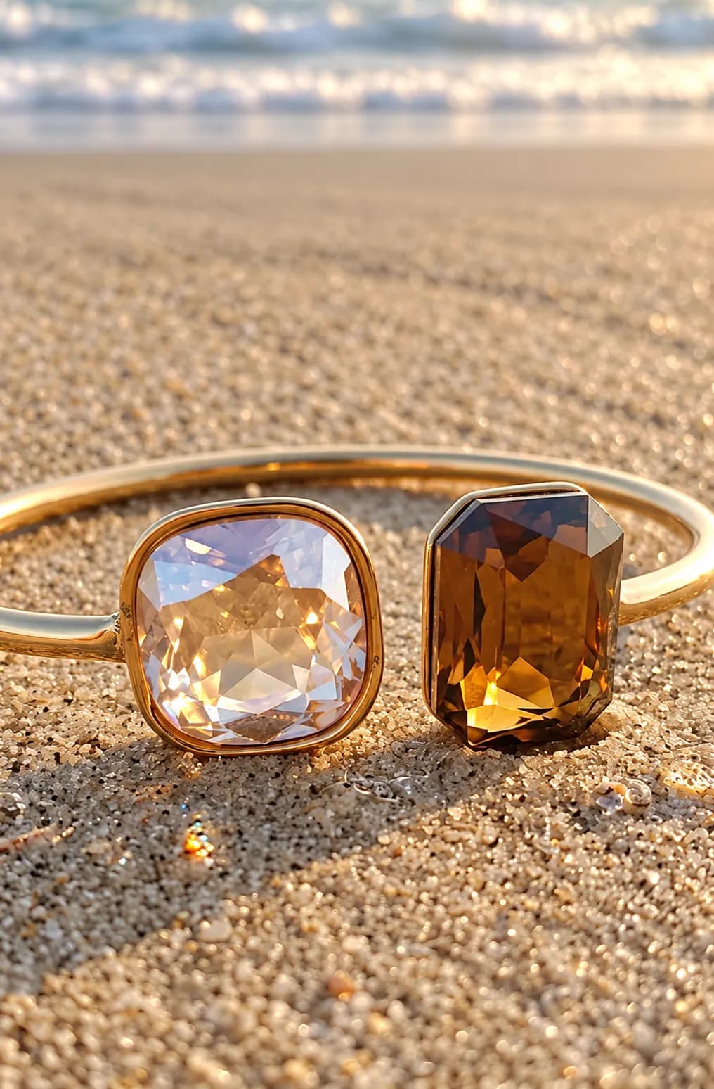 Gouden bangle armband met twee geometrische stenen